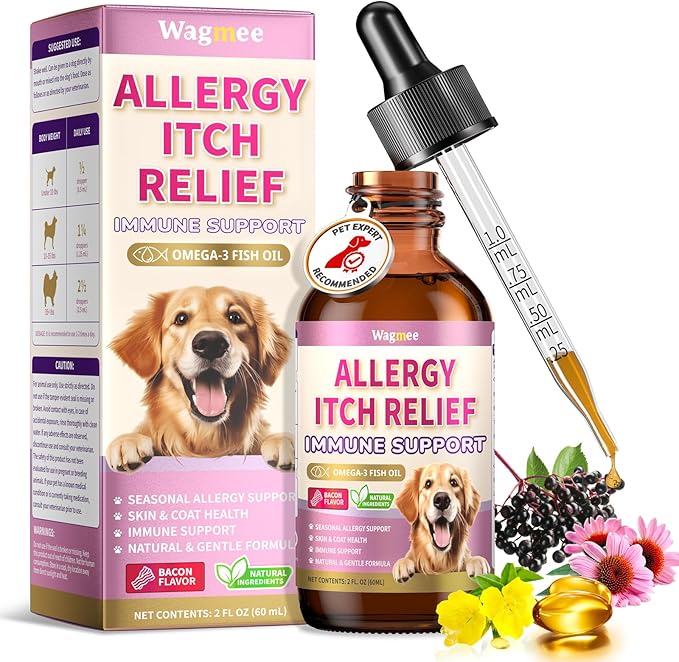 Wagmee Allergy Relief Drops for Dogs, Dog Itchy Skin Relief & Natural Anti Itch Yeast with Omega-3, Turmeric for Dogs Ears Paw Relief - Dog Seasonal Allergies, Skin & Coat Immune Supplement