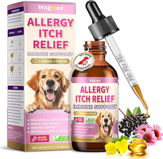 Wagmee Allergy Relief Drops for Dogs, Dog Itchy Skin Relief & Natural Anti Itch Yeast with Omega-3, Turmeric for Dogs Ears Paw Relief - Dog Seasonal Allergies, Skin & Coat Immune Supplement