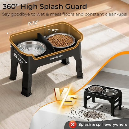 URPOWER Mess Proof Elevated Dog Bowls, High Wall Splash Guard Design, 4 Height Adjustable Raised Bowl Stand, 2 Stainless Steel Bowls, Non-Slip Food Water Set for Small Medium Large Dogs