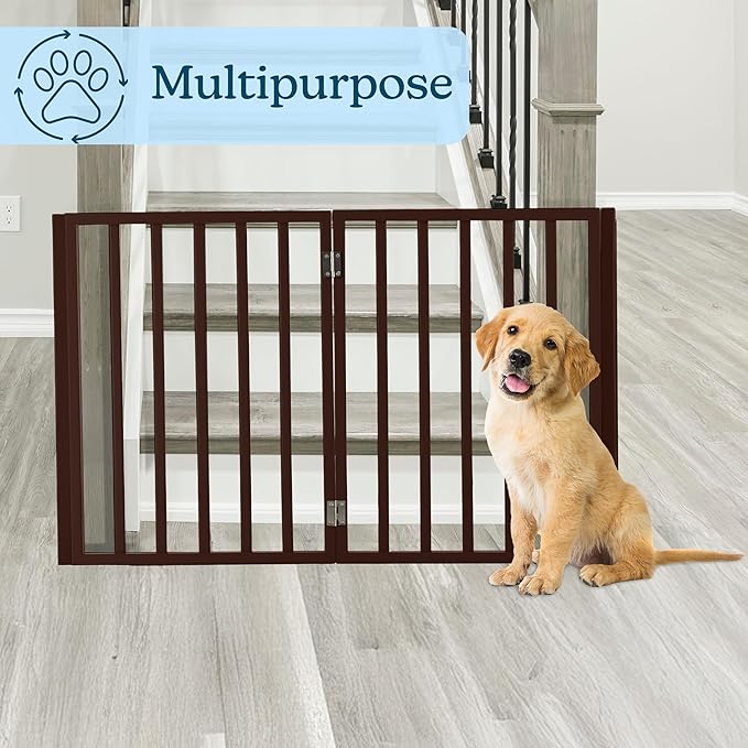 Pet Gate - 4-Panel Indoor Foldable Dog Fence for Stairs, Hallways, or Doorways - 73x24-Inch Freestanding Dog Gates by PETMAKER (Brown)