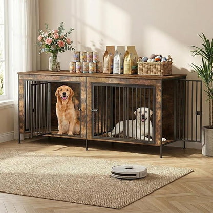 Dog Crate Furniture 78" Heavy Duty for 2 Large Dog, Sturdy Indoor Dog Kennel Table with 3 Doors, Elevated Robot Vacuum Friendly Base, Decorative Cage TV Stand & End Table, Rustic Brown