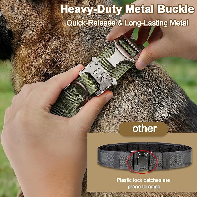 KCUCOP Heavy Duty Tactical Dog Collar and Leash Set, Military Training Nylon Reflective Collar with Handle Metal Buckle for Medium Large Dogs, Green, L (1 Patch Included)