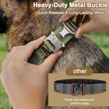 KCUCOP Tactical Dog Collar for Medium & Large Dogs - Military Nylon Heavy Duty Collar with Handle, Reflective Strip & Metal Buckle for Training, Outdoor (Green Reflective, Medium)
