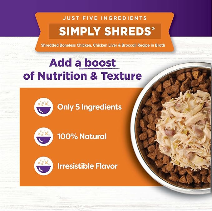 Wellness Bowl Boosters Simply Shreds Wet Dog Food Topper for Small,Medium,& Large Breeds,Grain Free,Natural,Chicken Liver & Broccoli,2.8 Ounce Pouch,(Pack of 24)