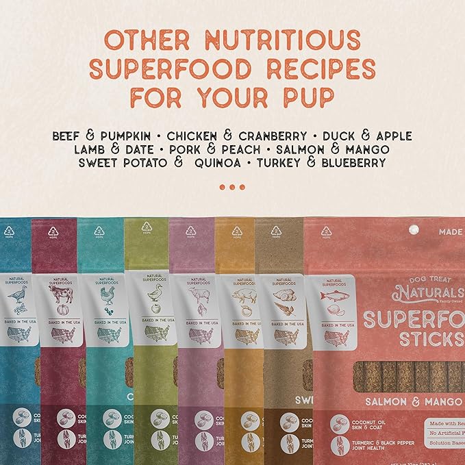Dog Treat Naturals Superfood Sticks, Salmon & Mango, 10oz Bag | Dog Chew Sticks | All-Natural, Pet Training Treats | Joint-Skin-Coat Health | USA Made