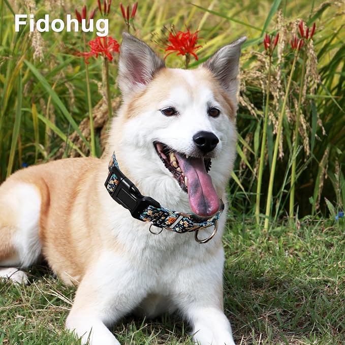 Reflective Martingale Dog Collar with Buckle Soft Nylon Floral No Slip Dog Collars for Small Dogs (Black Orange Flowers, S)