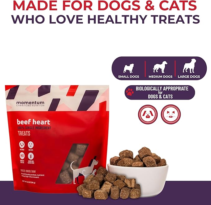 Momentum Carnivore Nutrition Freeze-Dried Beef Heart Dog Treats & Cat Treats – Single-Ingredient, High-Protein, Grain-Free – Made in USA – 3 oz Bag