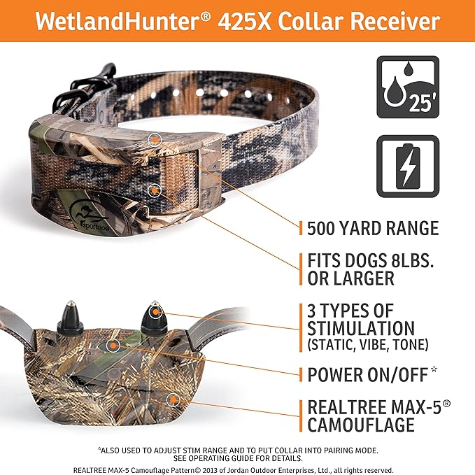 SportDOG WetlandHunter 425X Remote Trainer - Reliable Off-Leash Control - Rechargeable - Waterproof DryTek Technology - Adjustable Training Collar - Camouflage - 500-Yard Range, 2 Collars
