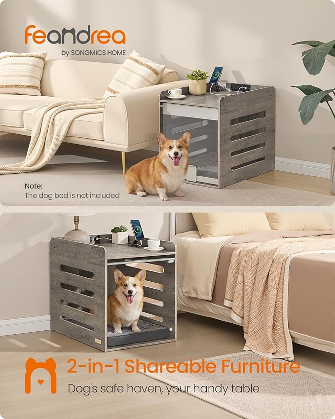 Feandrea Modern Dog Crate Furniture with Charging Station, Small Kennel Indoor with Flip-up Hidden Acrylic Door, for Small and Medium Dogs up to 22 lb, Pet Side End Table Cage, Heather Greige