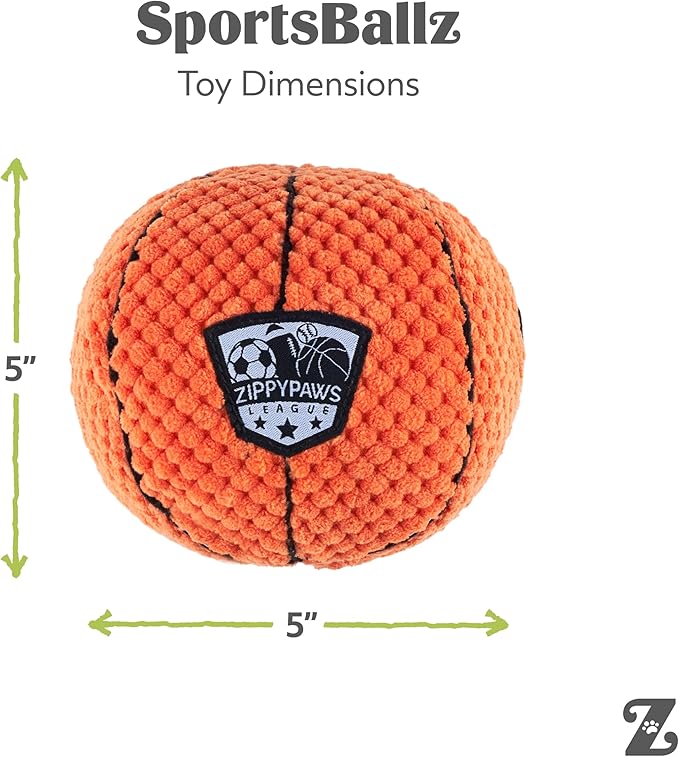 ZippyPaws SportsBallz - Dog Squeaky Toys to Keep Them Busy, Funny Plush for Small, Medium, & Large Dogs, Cute Stuffed Puppy Toy, Pet Products, Gift for All Breeds, Interactive Squeaker - Basketball