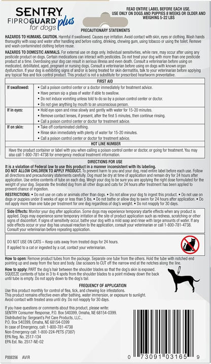 Sentry Fiproguard Plus for Dogs, Flea and Tick Prevention for Dogs (5-22 Pounds), Includes 6 Month Supply of Topical Flea Treatments