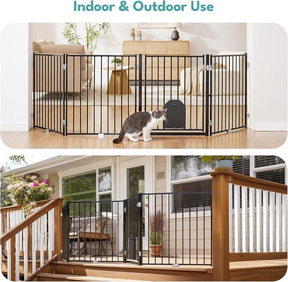 No Pawblems Dog Gate with Cat Door, Free Standing 30'' Tall Foldable Dog Fence for Indoor & Outdoor, Up to 156 Inch Extra Wide Puppy Gate for Stairs, Hallways, Doorways, Deck, Yard (Black, 6 Panels)
