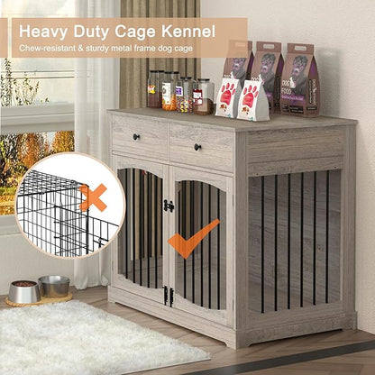 BREEZEHEAT Rustic Grey Dog Crate Furniture-40 inch Farmhouse Dog Kennel with Two Drawers-End Table Wooden Pet Crate, Decorative Dog House Indoor for Small Medium Large Dog