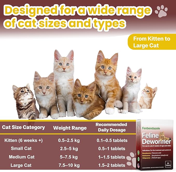 Dewormer for Cats & Kittens, Fenbendazole for All Wormers, Roundworms, Hookworms and Whipworms, 24 Tablets