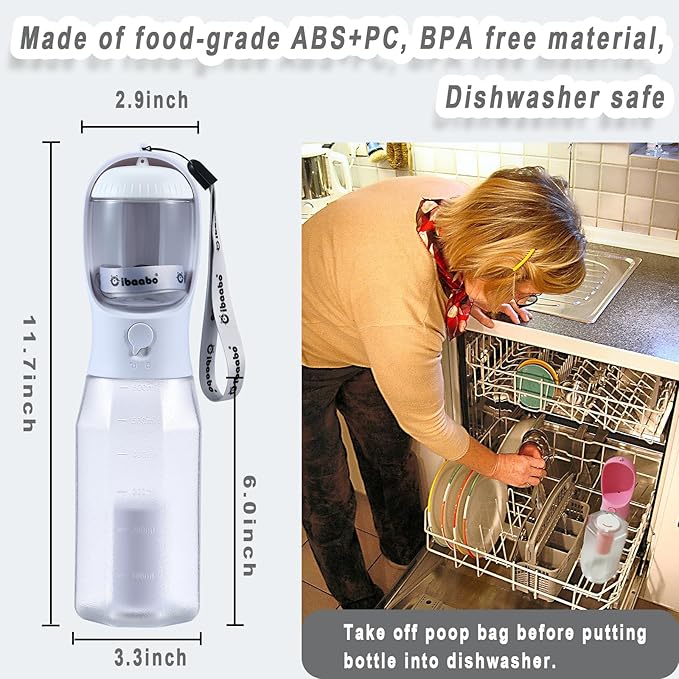 Cibaabo Dog Water Bottle with Food Container & Poop Bag Holder, Travel Water Bowl, Portable Pet Dispenser, Dog Gifts Stuff Accessories Items, Puppy Essentials for Yorkie Chihuahua Walking Hiking