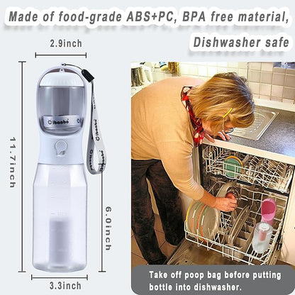 Cibaabo Dog Water Bottle with Food Container & Poop Bag Holder, Travel Water Bowl, Portable Pet Dispenser, Dog Gifts Stuff Accessories Items, Puppy Essentials for Yorkie Chihuahua Walking Hiking