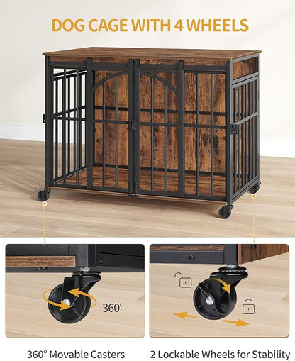 Hzuaneri 37.4" Dog Crate Furniture with Wheels, Wooden Pet Cage Indoor with Barn Door, L Dog Kennel Heavy Duty, Decorative Pet Crate for Small/Medium Dogs, End Table TV Stand, Rustic Brown DFC86201B