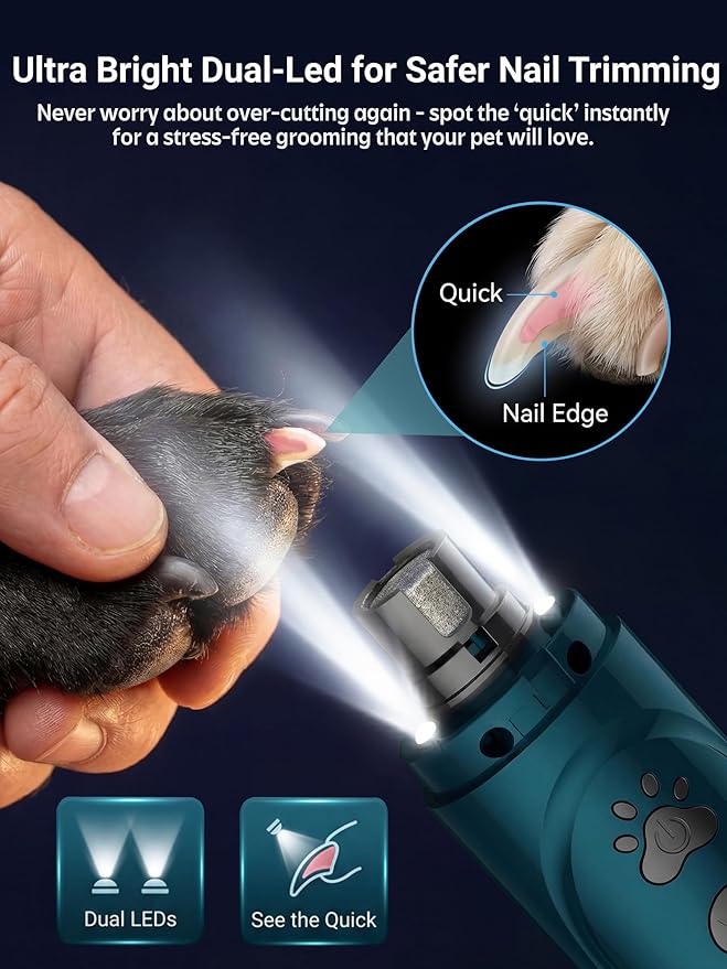 YABIFE Super Quiet Dog Nail Grinder & Clippers Kit with 2 LED Lights, 3 Speeds Up to 12,000 RPM, Lower Than 30dB Electric Pet Nail Trimmer for Small Medium Large Dogs and Cats