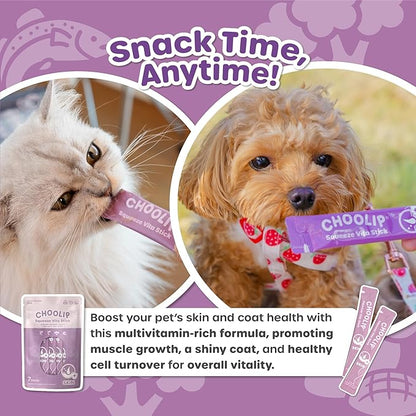 Choolip Squeeze Vita Stick Lickable Cat and Dog Treats, 7-Count Skin and Coat Support, Salmon and Pollack with Biotin and Vitamin E, Vet-Formulated
