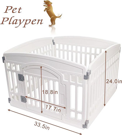 Pet Playpen Gate for Dogs Heavy Plastic Puppy Exercise Pen Small Pets Fence Puppies Folding Cage 4 Panels for Puppies and Small Dogs House White (33.5x33.5 Inches)