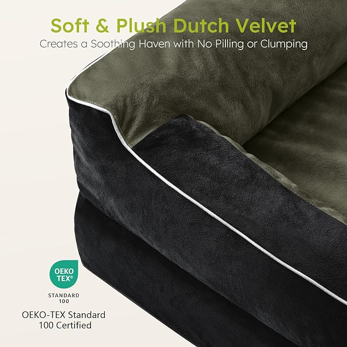 Dog Beds for Large Dogs, Orthopedic Dog Bed with Cooling Gel Memory Foam, Waterproof Large Pet Bed with Removable Washable Cover, 36" Pet Sofa Couch Dutch Velvet with Bone Toy, Black