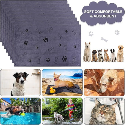 Chumia 8 Pcs Dog Towels for Drying Dogs Cats Pet Towels Bulk Puppy Microfiber Fast Drying Paw Bath Bathing Supplies Absorbent for Medium Pets(55 x 28 Inch,Dog Paw and Bone,Gray)