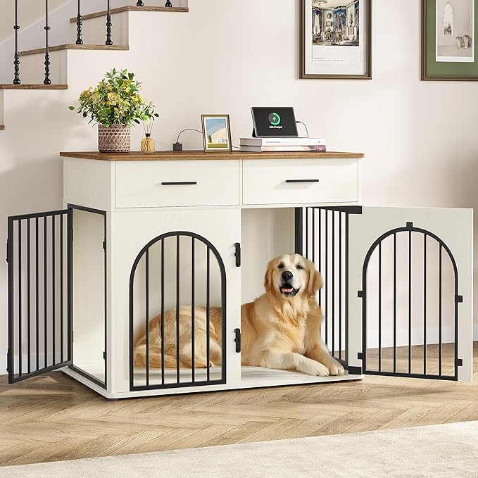 Hzuaneri 43.3'' Large Dog Crate Furniture with 2 Storage Drawers, Heavy Duty Dog Kennel Indoor with Charging Station, Wooden Dog Cage End Table Kennel for Medium/Large Dogs, White Brown DFC88214B