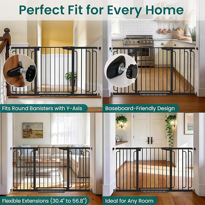 Cumbor 30.4-56.8" Extra Wide Baby Gate for Stairs, Dual Lock & Self-Closing Dog Gate Indoor, Easy Install Pet Gate for Doorways & Wide Openings, Easy Walk Thru Safety Proofing for Babies & Pets, Black