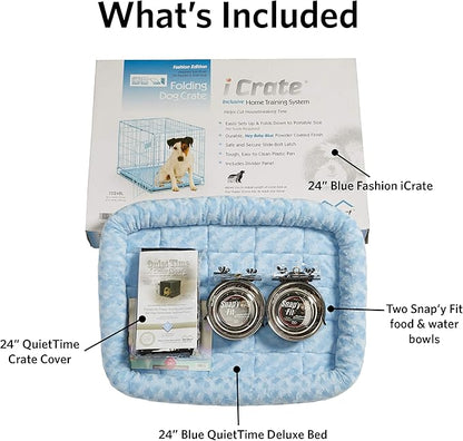 MidWest Homes for Pets Blue Fashion iCrate Starter Kit, 24-inch Dog Crate Bundle for Small Dogs, Includes Cage, Pet Bed, 2 Bowls and Privacy Cover