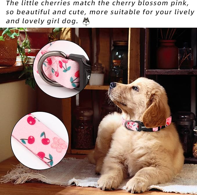QQPETS Adjustable Soft Dog Collar: Print Flower Pink Multicolor Cute Patterns for XS Small Medium Large Pet Girl Boy Puppy Walking Running Training (L, Sakura Pink)