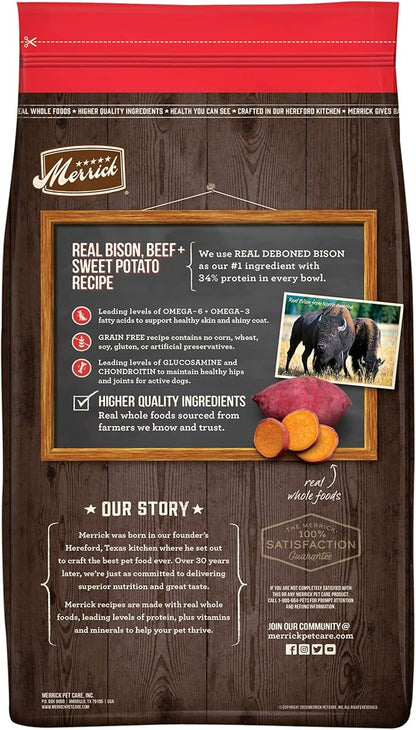 Merrick Premium Grain Free Dry Adult Dog Food, Wholesome And Natural Kibble With Beef, Bison And Sweet Potato - 10.0 lb. Bag