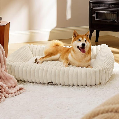 Bedsure ComfyFleece™ Cute Dog Beds Large Sized Dog - Washable Furry Pet Beds, Rectangle Orthopedic Corduroy Fleece Puppy Beds with Removable Zipper Cover, 36x27x8inches, Cream