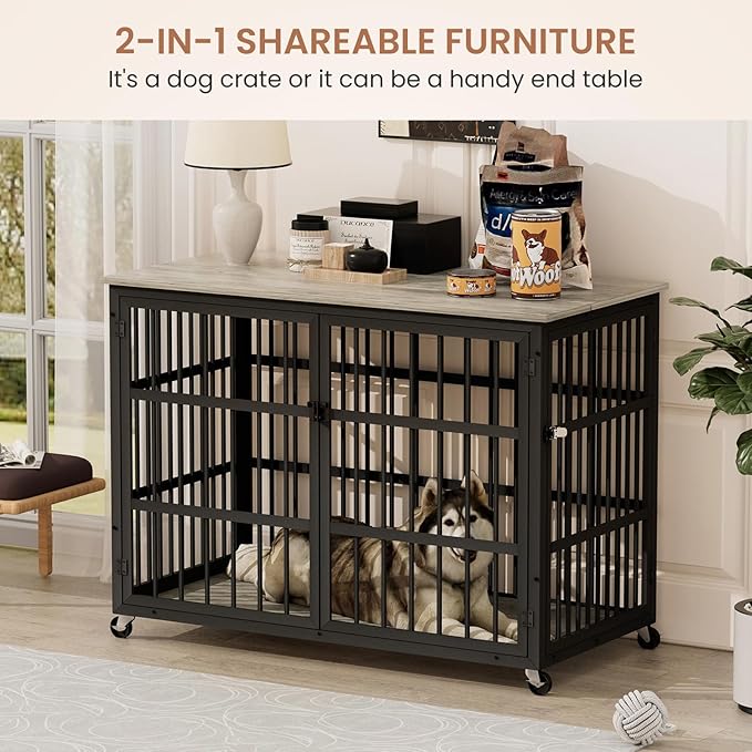 Aoowow Dog Crate Furniture for Small Medium Dogs, 43.3" Dog Kennel Indoor End Table with Side Doors, Iron Heavy Duty Dog Cage with Wheels, Grey
