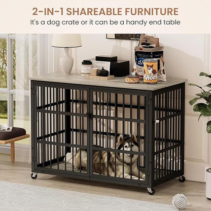 Aoowow Dog Crate Furniture for Small Medium Dogs, 43.3" Dog Kennel Indoor End Table with Side Doors, Iron Heavy Duty Dog Cage with Wheels, Grey