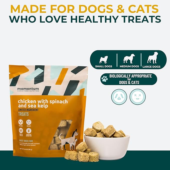 Momentum Carnivore Nutrition Freeze-Dried Chicken, Spinach & Sea Kelp Dog Treats & Cat Treats – Single-Ingredient Recipe, High-Protein, Grain-Free, Natural Superfood Blend – Made in USA – 3 oz Bag