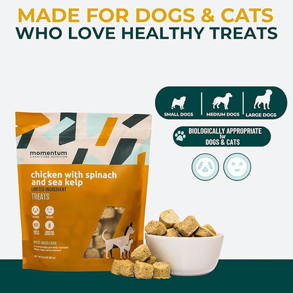 Momentum Carnivore Nutrition Freeze-Dried Chicken, Spinach & Sea Kelp Dog Treats & Cat Treats – Single-Ingredient Recipe, High-Protein, Grain-Free, Natural Superfood Blend – Made in USA – 3 oz Bag