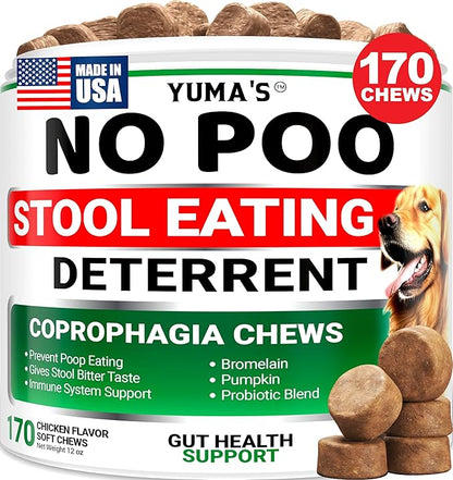 YUMA'S No Poo Chews for Dogs - 170 Count - Coprophagia & Stool Eating Deterrent for Dogs - Stop Eating Poop for Canine - Probiotics & Digestive Enzymes Supplement - Gut Health - Made in USA