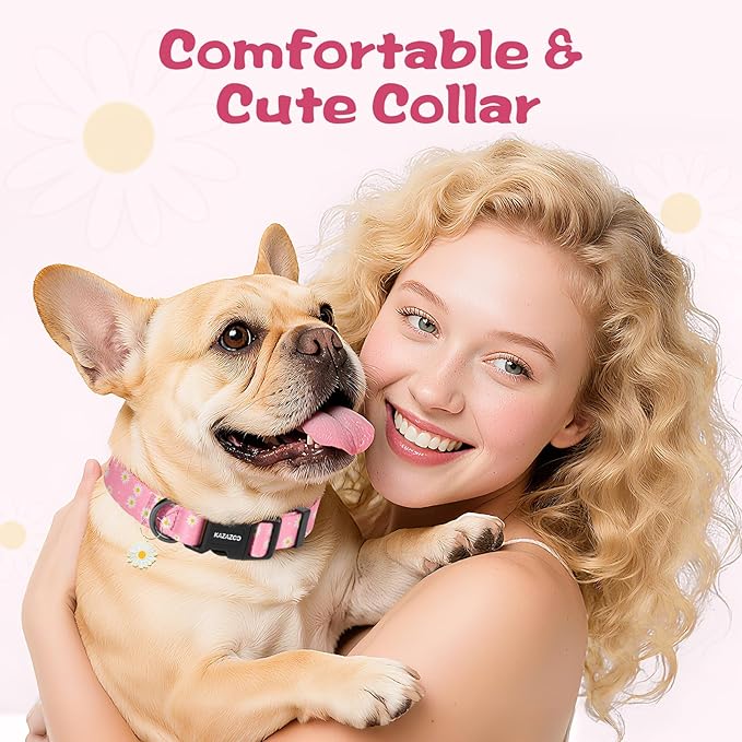 Kazazoo Dog Collar Cute and Soft Nylon Puppy Collar Girl, Adjustable Dog Collars for Small Medium Dogs, Pink Daisy-XS