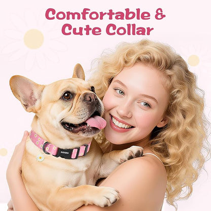 Kazazoo Dog Collar Cute and Soft Nylon Puppy Collar Girl, Adjustable Dog Collars for Small Medium Dogs, Pink Daisy-XS