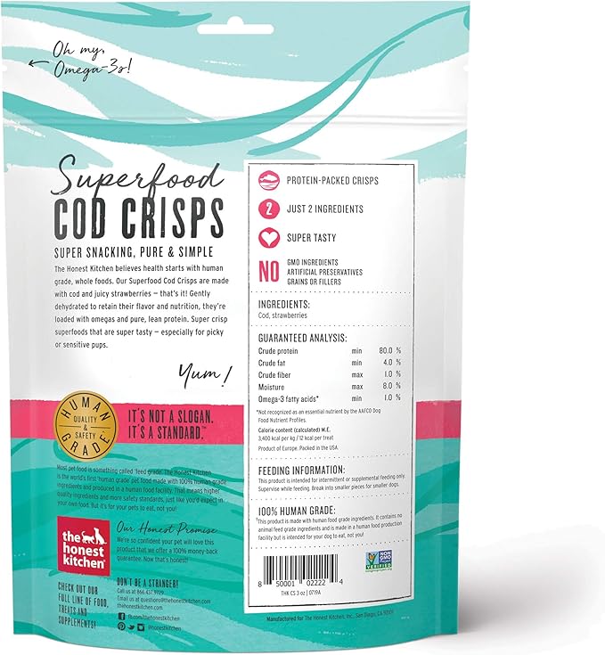 The Honest Kitchen Human Grade Dog Treats Superfood Cod Crisps: Cod & Strawberry, 3 oz