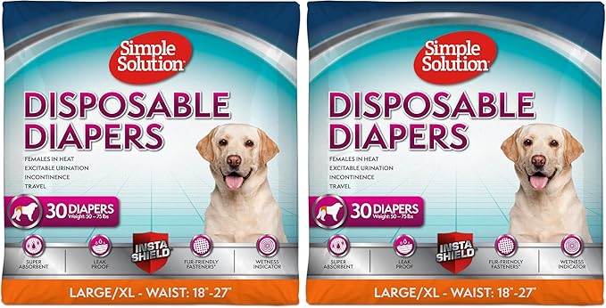 Simple Solution Disposable Dog Diapers, Female Dog-Diapers, Puppy Potty Training, Incontinence and Heat Cycle Protection, Large-Diapers for Dogs, 18-27 Inch Waist, 30 Count (Pack of 2)