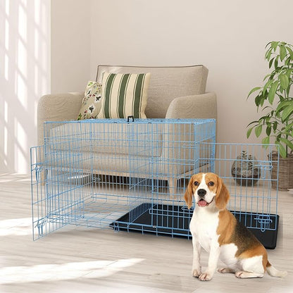 Dog Crate, 24/30/36/42/48 Inch Dog Crates for Small Medium Large Dogs Indoor, Folding Metal Dog Kennel Dog Cage with Double-Door, Divider Panel, Removable Tray, Locks and Handle, (36 Inch, Blue)