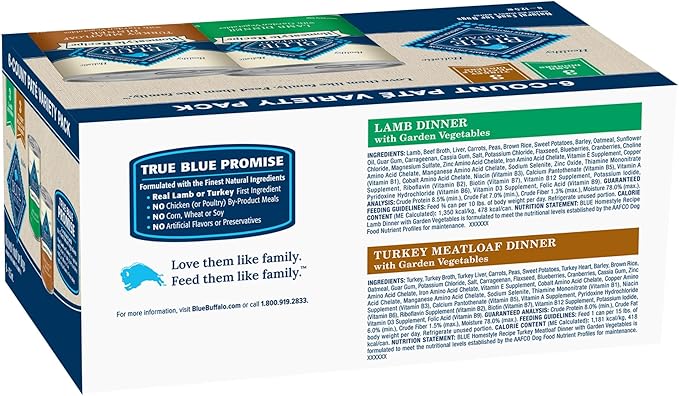 Blue Buffalo Homestyle Recipe Adult Wet Dog Food,Made with Natural Ingredients,Turkey and Lamb Dinner Variety Pack,12.5-oz Cans (,3 of Each),(Pack of 12)
