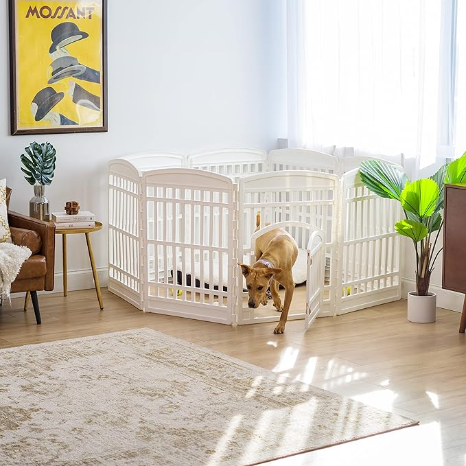 IRIS USA Dog Playpen with Door, 34” 8 Panel Pet Exercise Pen – Indoor Outdoor Puppy Play Pen, Portable Plastic Pet Fence for Small Medium Dogs, Foldable 63” x 63” x 34”, White