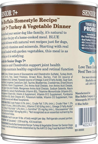 Blue Buffalo Homestyle Recipe Senior 7+ Turkey and Vegetable Dinner Wet Dog Food for Senior 7+ Dogs, Turkey Recipe, 12.5 oz. Can (Pack of 12)