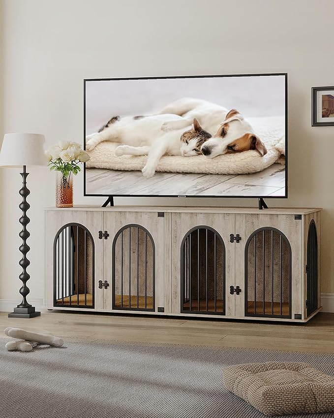 Hzuaneri 71" Dog Crate Furniture for 2 Dogs, Heavy Duty Indoor Dog Kennel TV Stand, XL Wooden Dog Cage with Divider for Medium Large Dogs, End Table Dog Crate with Cushion, Greige Black DFC81905B