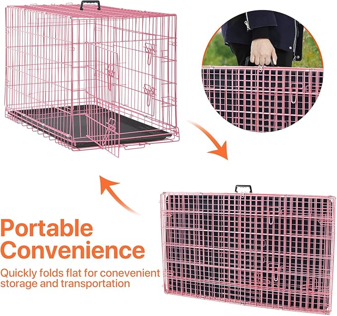 Dog Crate for Large Medium Small Dogs, Folding Dog Kennel Cage with Plastic Tray & Divider 48"/42"/ 36"/ 30"/ 24" Indoor Outdoor Metal Double Door Heavy Duty Dog Pen Enclosure, Pink(48 Inch)