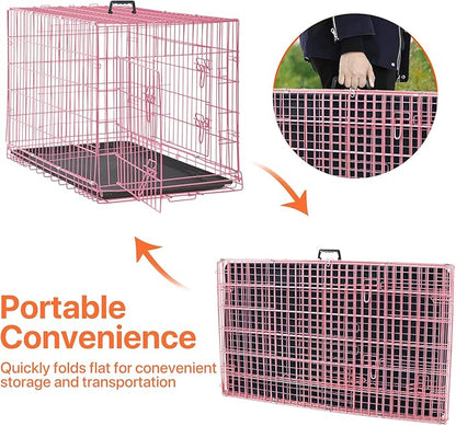 Dog Crate for Large Medium Small Dogs, Folding Dog Kennel Cage with Plastic Tray & Divider 48"/42"/ 36"/ 30"/ 24" Indoor Outdoor Metal Double Door Heavy Duty Dog Pen Enclosure, Pink(48 Inch)