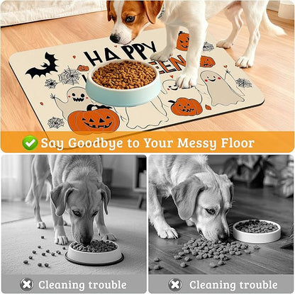 Pumpking Bat Dog Cat Food Mat,Halloween Absorbent Waterproof Placemat for Food and Water Non Slip Rubber Backing Durable Feeding Pad for Clean Floors 16" x 24"
