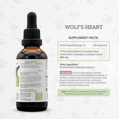 Wolf's Heart | Natural Herbal Dietary Supplement for Dogs | Healthy Heart Function Support in Dogs | Alcohol-Free Extract, Dandelion Root, Lemon Balm, Calendula, Lavender, Fennel 2 oz